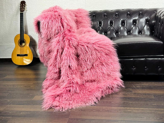 Pink Real Sheepskin Fur Throw Blanket Mongolian Wool