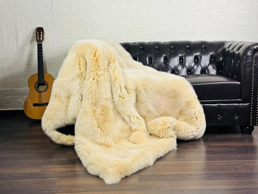 Real Fox Fur Full Skin Throw Blanket Ivory Beige