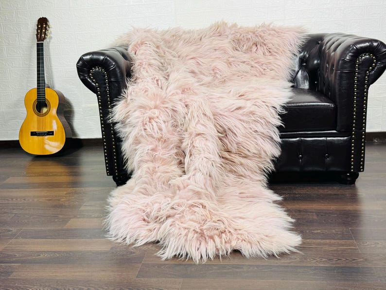 Baby Pink Real Sheepskin Fur Throw Blanket Mongolian Wool