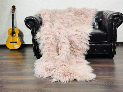 Baby Pink Real Sheepskin Fur Throw Blanket Mongolian Wool