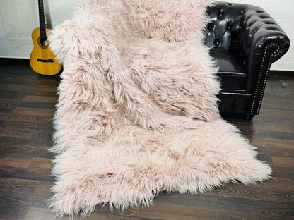 Baby Pink Real Sheepskin Fur Throw Blanket Mongolian Wool