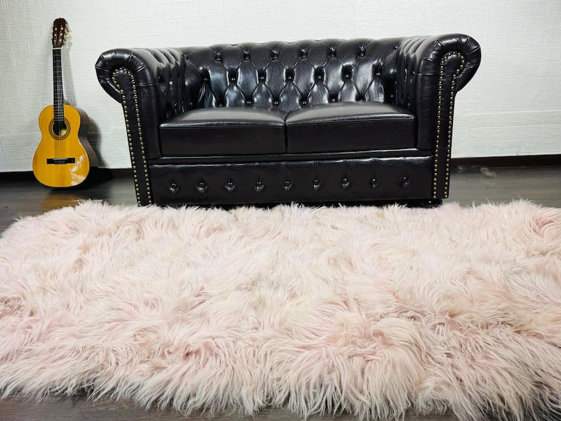 Baby Pink Real Sheepskin Fur Throw Blanket Mongolian Wool