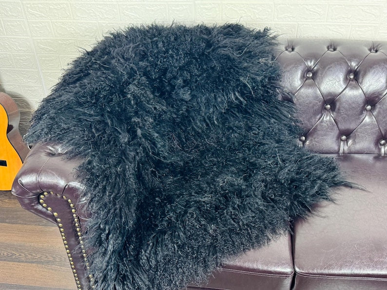Black Real Sheepskin Fur Throw Blanket Mongolian Wool