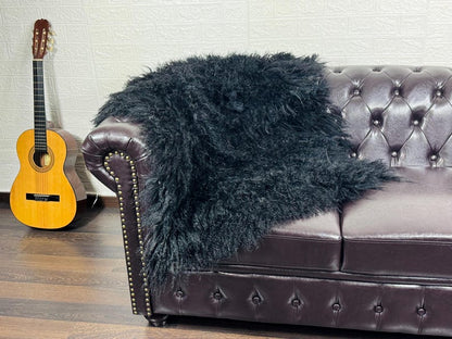 Black Real Sheepskin Fur Throw Blanket Mongolian Wool