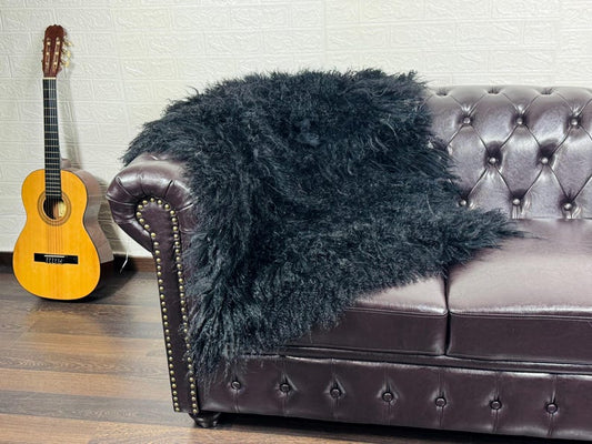 Black Real Sheepskin Fur Throw Blanket Mongolian Wool