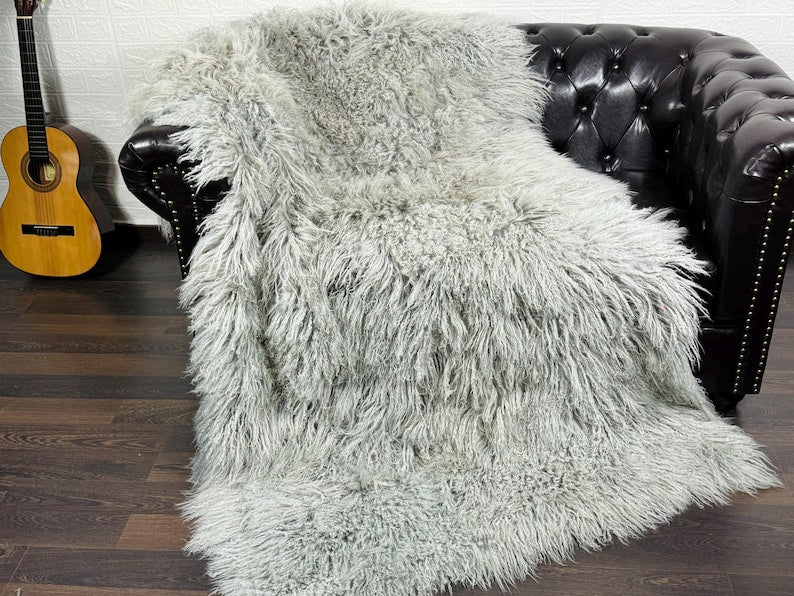 Gray Real Sheepskin Fur Throw Blanket Mongolian Wool