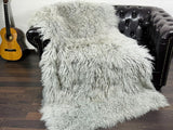 GRAY Fluffy Real SHEEPSKIN Mongolian Fur Throw Blanket • Large Area Rug  • Ethically and Organically Wool Rug