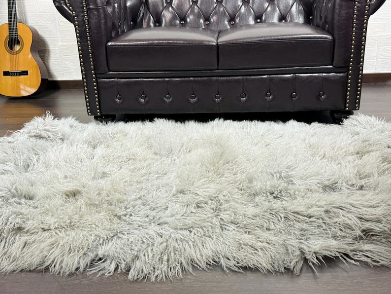 Gray Real Sheepskin Fur Throw Blanket Mongolian Wool
