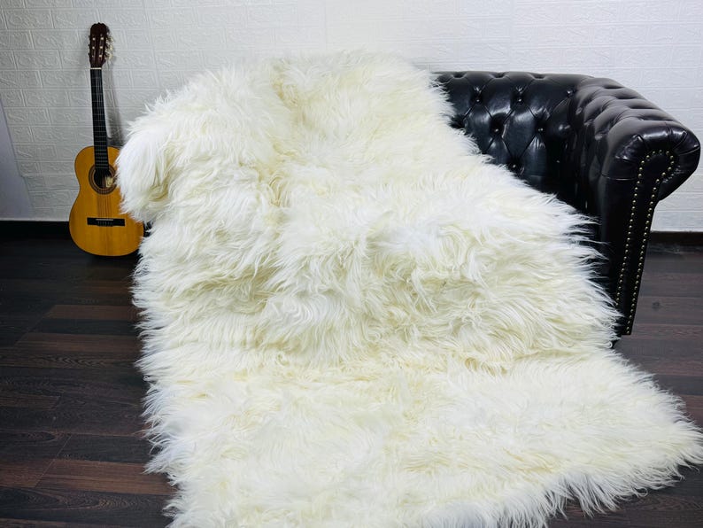 Off White Cream Real Sheepskin Fur Throw Blanket Mongolian Wool