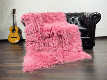 Pink Real Sheepskin Fur Throw Blanket Mongolian Wool
