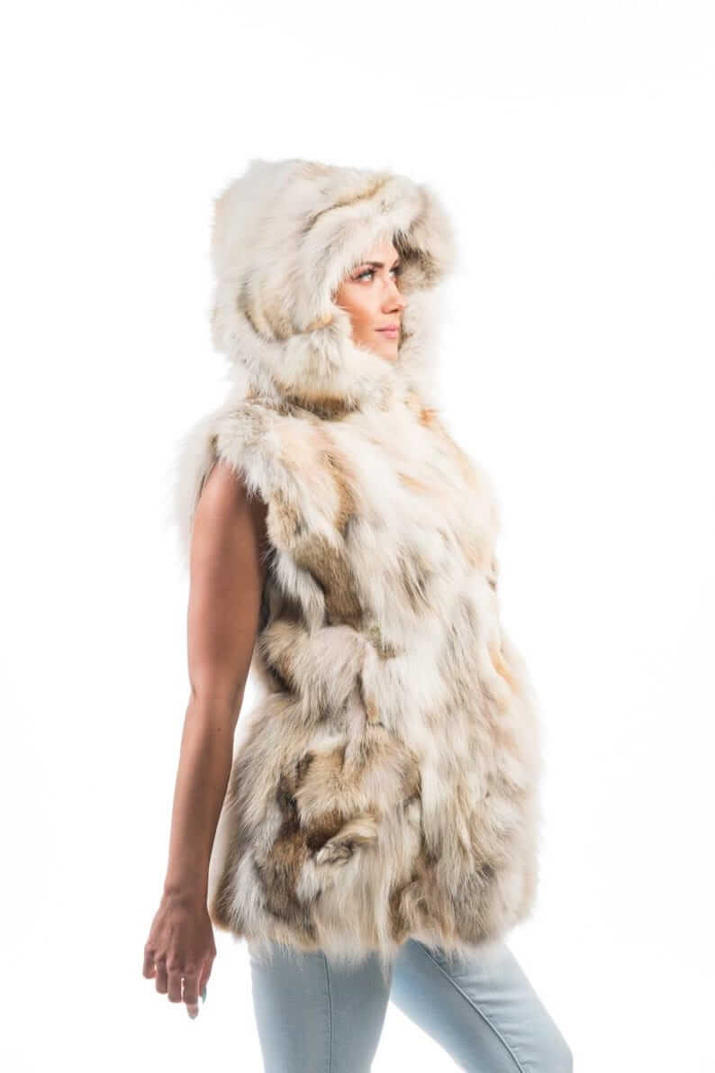 Fox Fur Vest Golden Long Coat Jacket Hooded - Tatifurs worn by a model showing luxurious fur and spacious hood.
