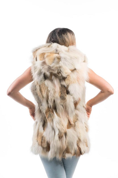 Fox Fur Vest Golden Long Coat Jacket Hooded - Tatifurs worn from the back, showcasing luxurious golden fox fur and spacious hood.