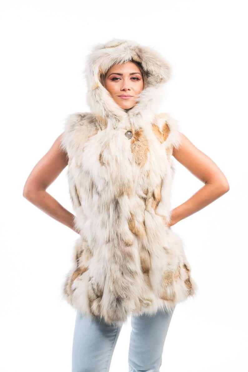 Fox Fur Vest Golden Long Coat Jacket Hooded - Tatifurs worn by model, featuring a luxurious hood and plush fur.