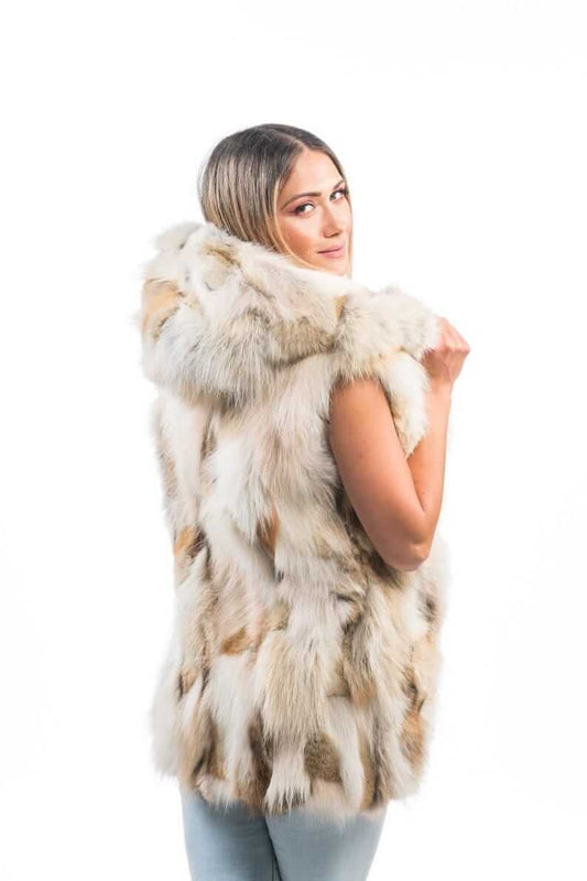 Fox Fur Vest Golden Long Coat Jacket Hooded - Tatifurs, luxurious vest with spacious hood, handmade from genuine fox fur.