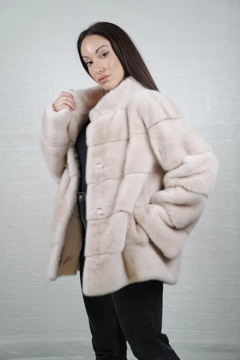 Luxury women’s mink fur jacket coat in beige