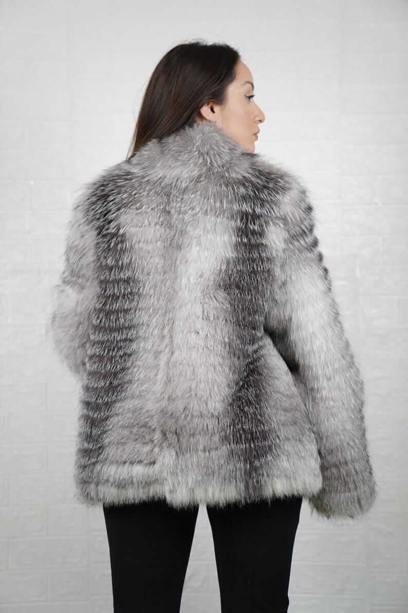 Back view of frost fox fur mid-length coat with zipper, TatiFurs
