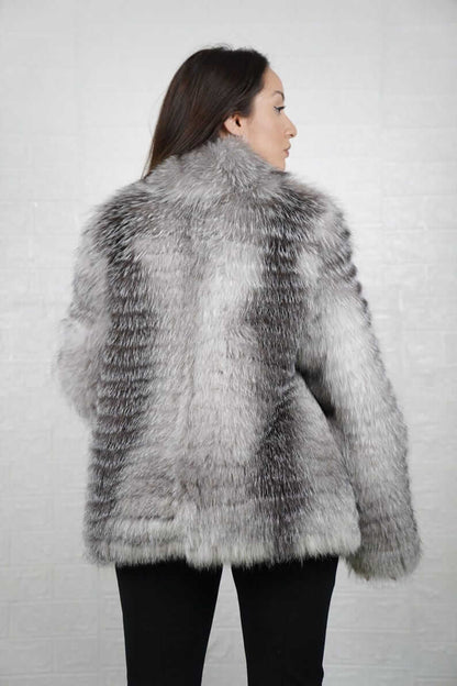 Back view of frost fox fur mid-length coat with zipper, TatiFurs
