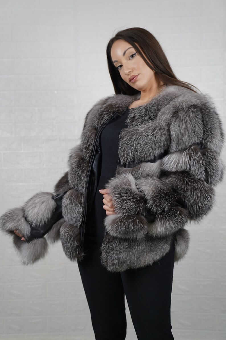 Statement piece frost natural fox fur bomber jacket styled for urban wear
