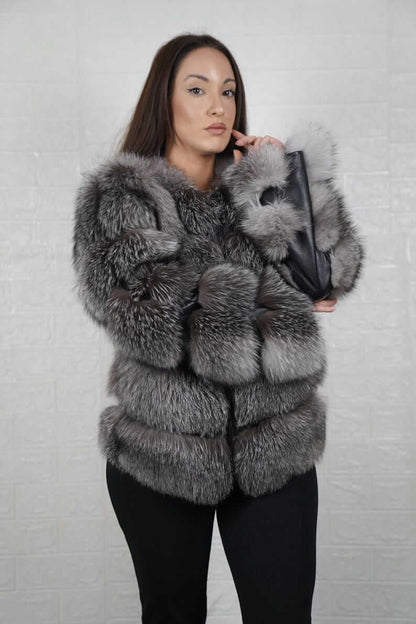 Unique pattern of frost fox fur and leather on bomber jacket
