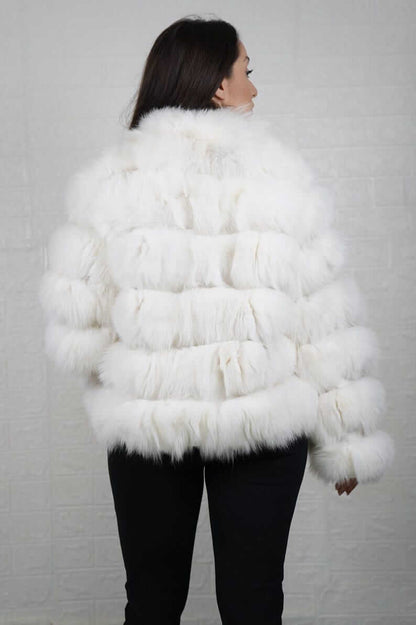 Back view of white fox fur short jacket with slim fitted collar, TatiFurs
