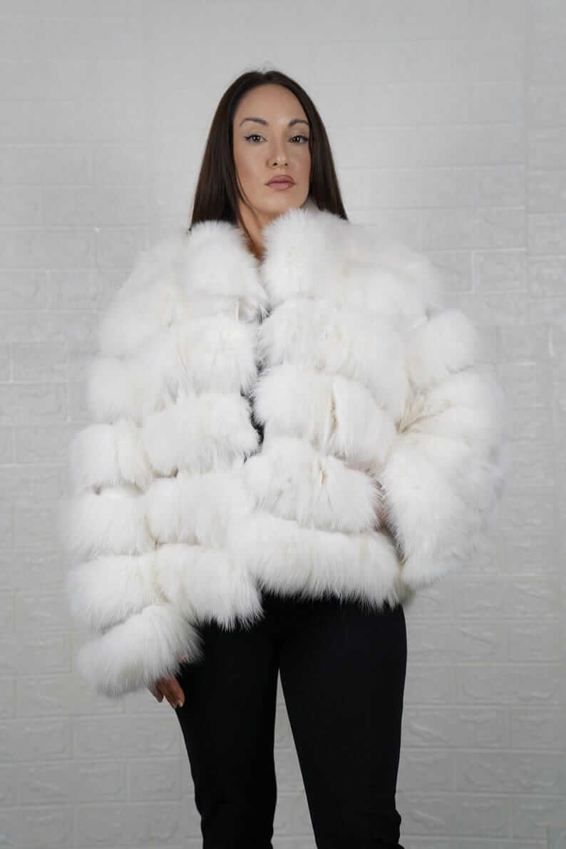 White fox fur short jacket with rabbit lines and slim collar — front view, TatiFurs
