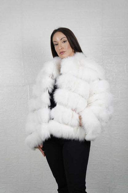 White short fox fur jacket on hanger — genuine fur, TatiFurs
