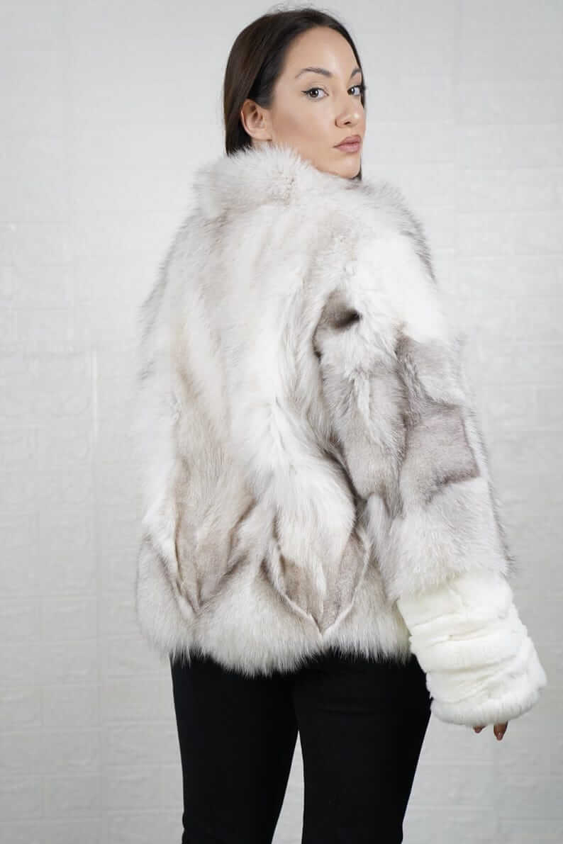 Fox Fur Jacket Natural Blue collared - Tatifurs on model, showcasing luxurious fur texture and plush collar from the back.