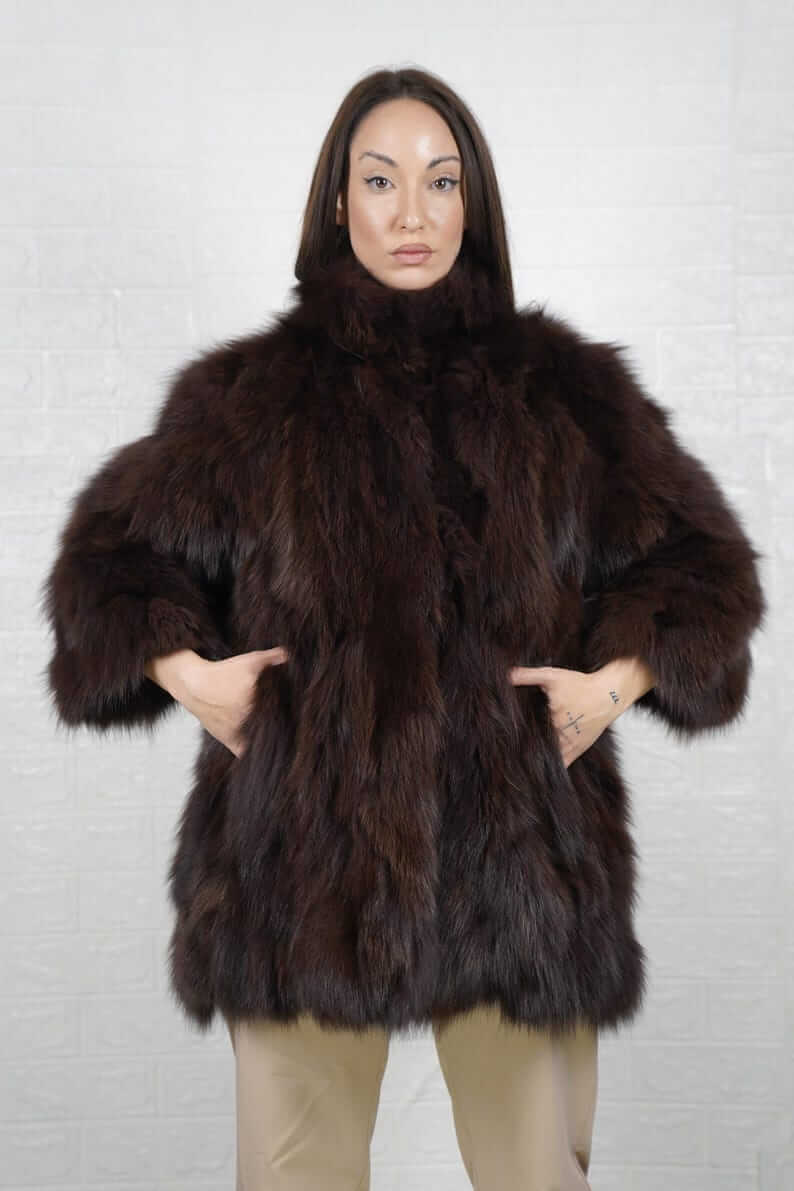 Brown fox fur jacket with collar — front view, TatiFurs