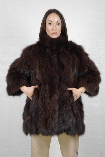 Brown fox fur jacket with collar — front view, TatiFurs