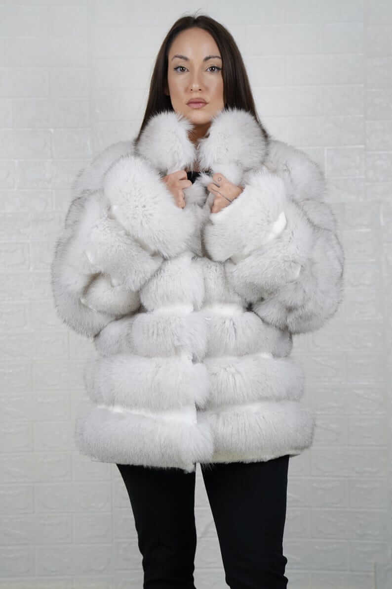 Fox Fur Jacket Natural Blue with Rabbit Lines worn by a model showcasing luxury and warmth.