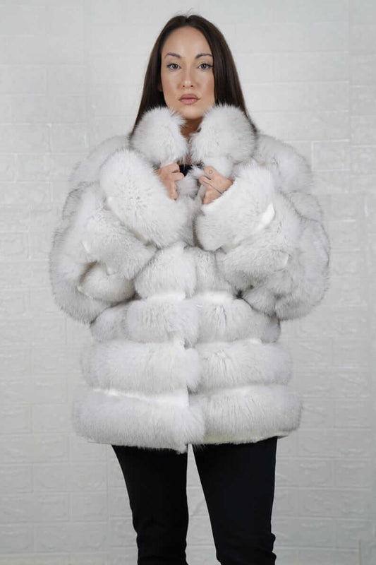 Natural blue fox fur full skin jacket coat with rabbit lines, front view
