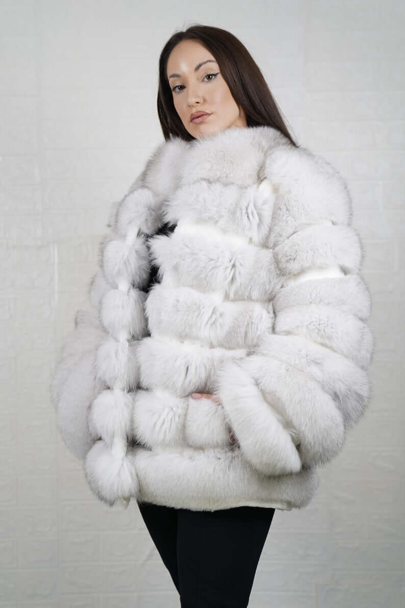 Fox Fur Jacket Natural Blue with Rabbit Lines worn by a model, showcasing the luxurious fur and stylish design.