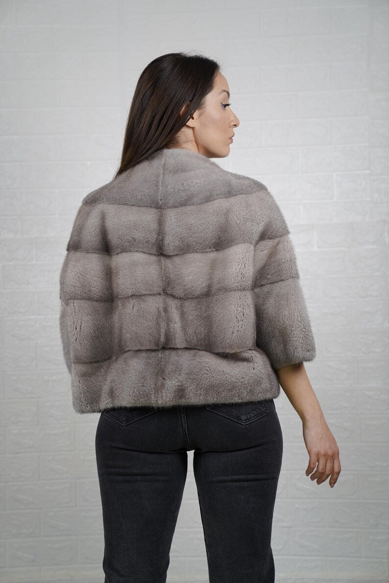 Genuine mink fur short coat — cropped style for chic evening wear
