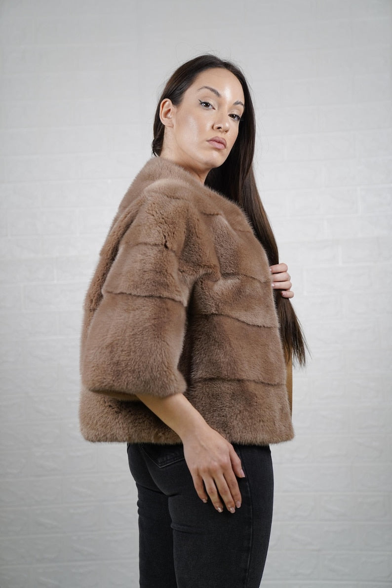 Genuine mink fur short coat — cropped style for chic evening wear
