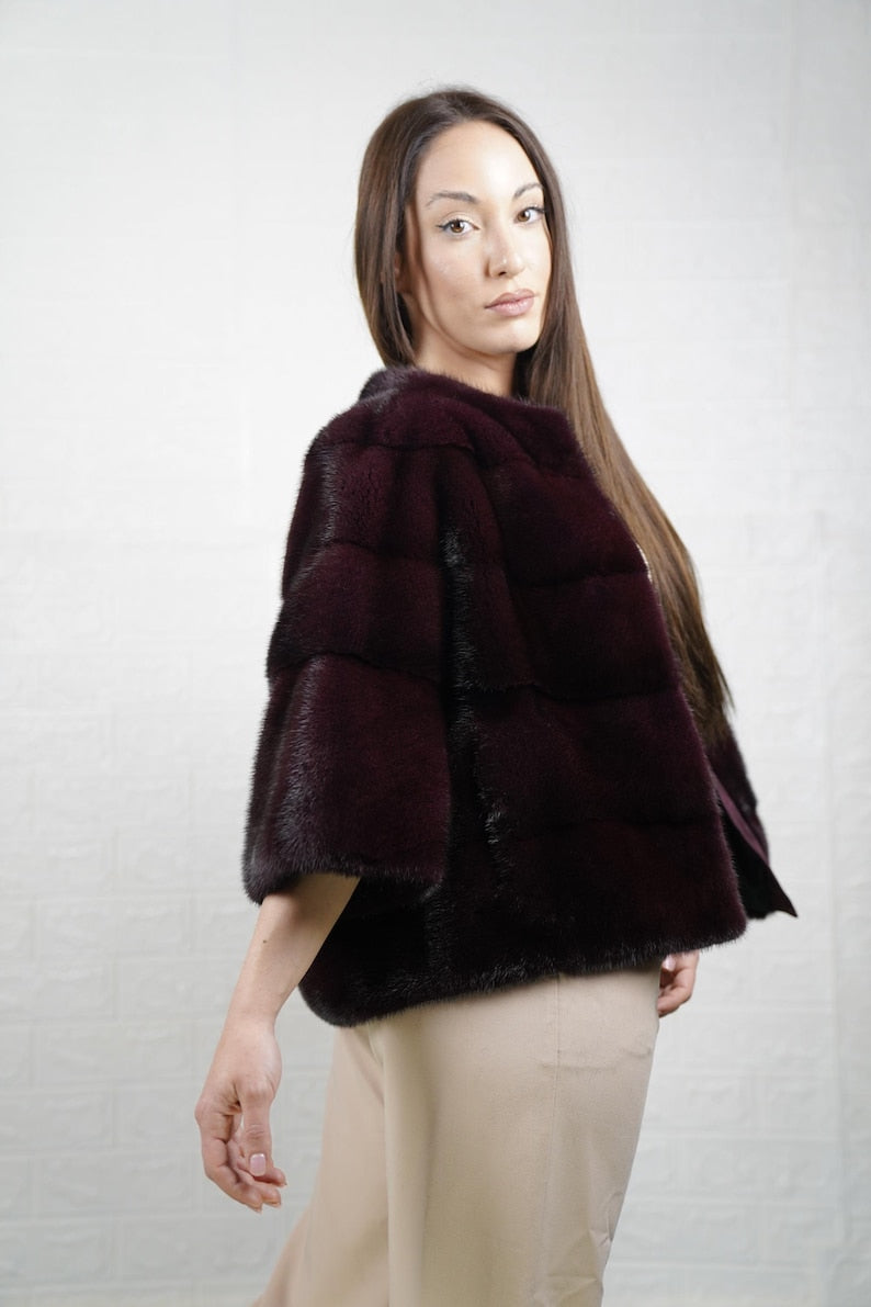 Burgundy mink fur bomber jacket full skin pelts handmade in Greece
