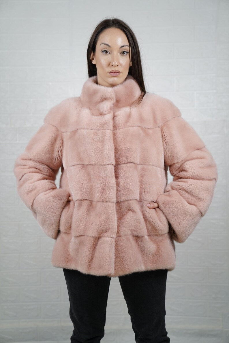 Luxury women’s mink fur jacket coat in pink