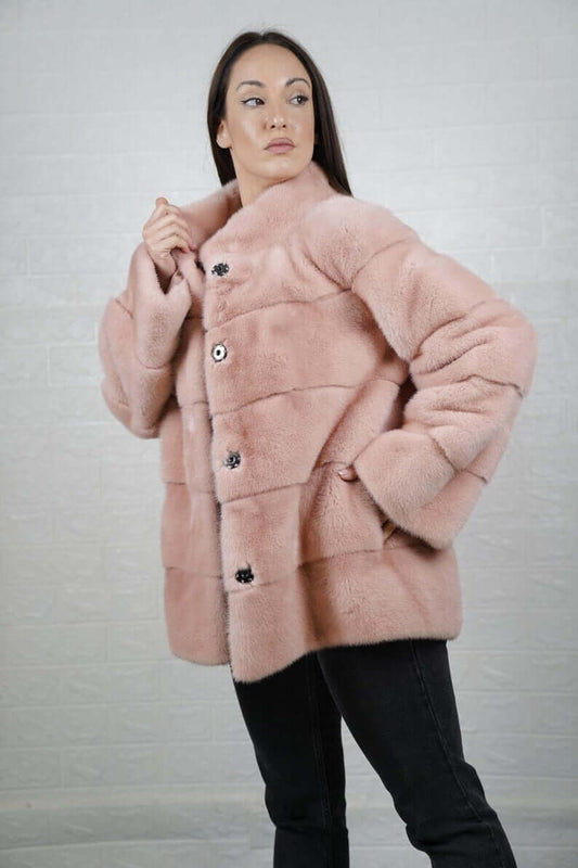 Mink Fur Jacket Pink Collared - Tatifurs showcased on model, featuring soft pink mink fur and elegant collar.