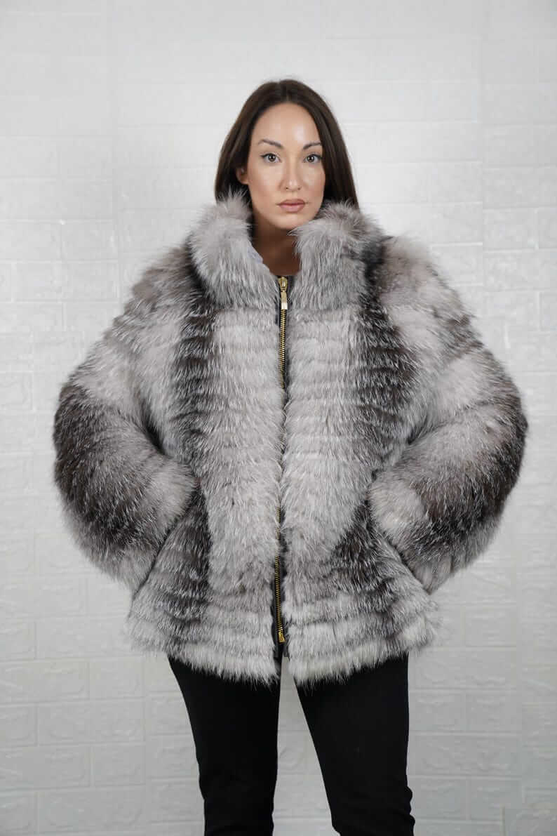 Frost fox fur mid-length coat with zipper and collar — front view, TatiFurs
