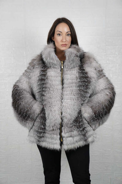 Frost fox fur mid-length coat with zipper and collar — front view, TatiFurs
