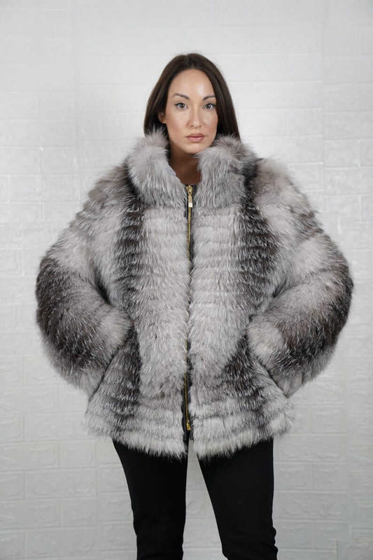 Frost fox fur mid-length coat with zipper and collar — front view, TatiFurs
