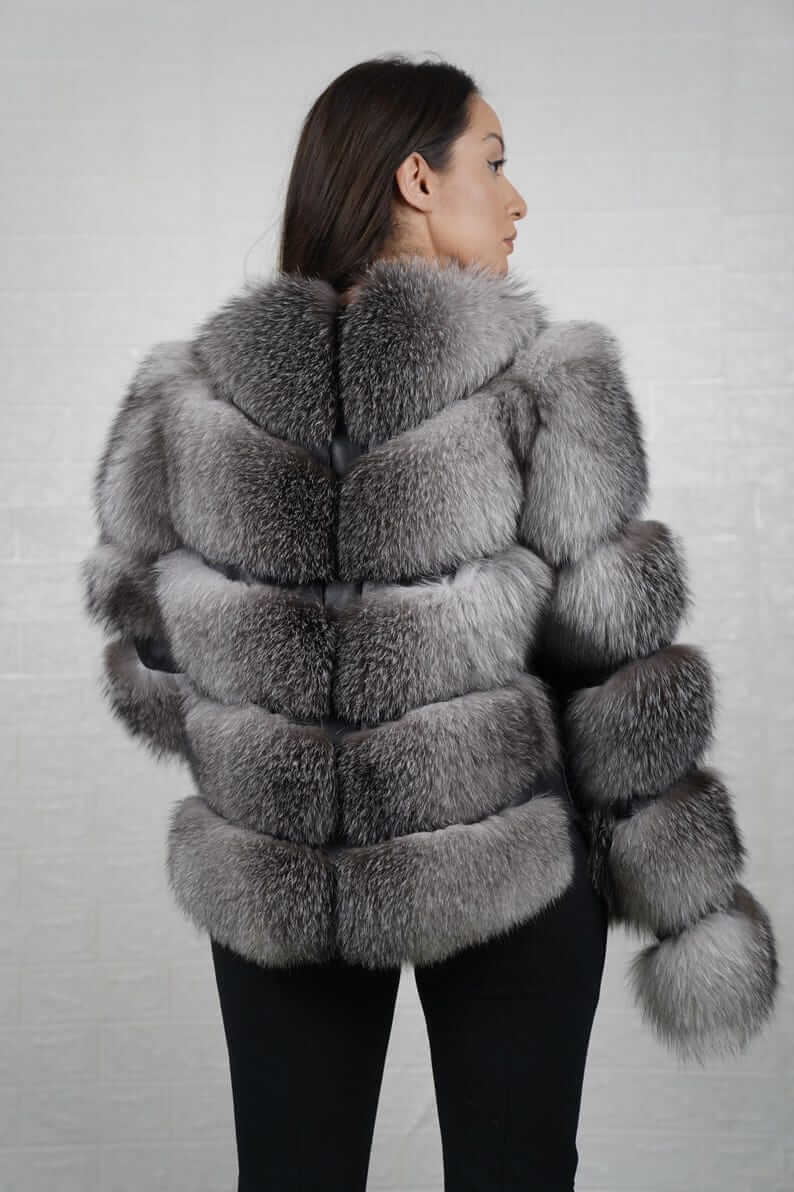 Back view of frost natural fox fur bomber jacket
