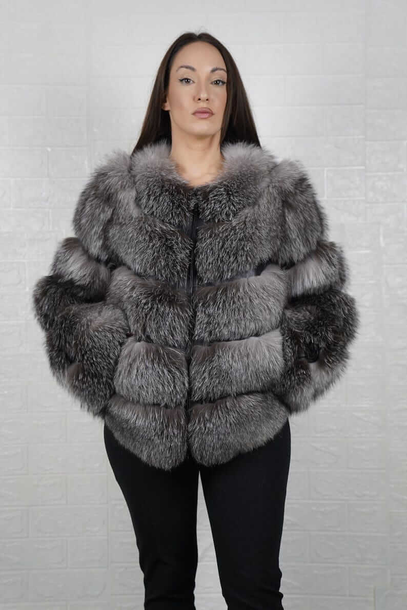 Frost natural fox fur bomber jacket with leather lines, front view
