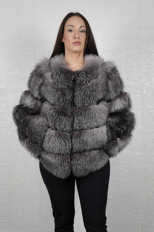 Frost natural fox fur bomber jacket with leather lines, front view
