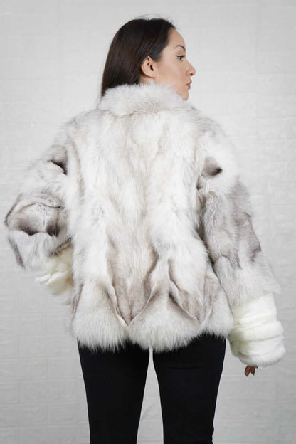 Fox Fur Jacket Natural Blue collared - Tatifurs back view, showcasing plush natural blue-gray fox fur.