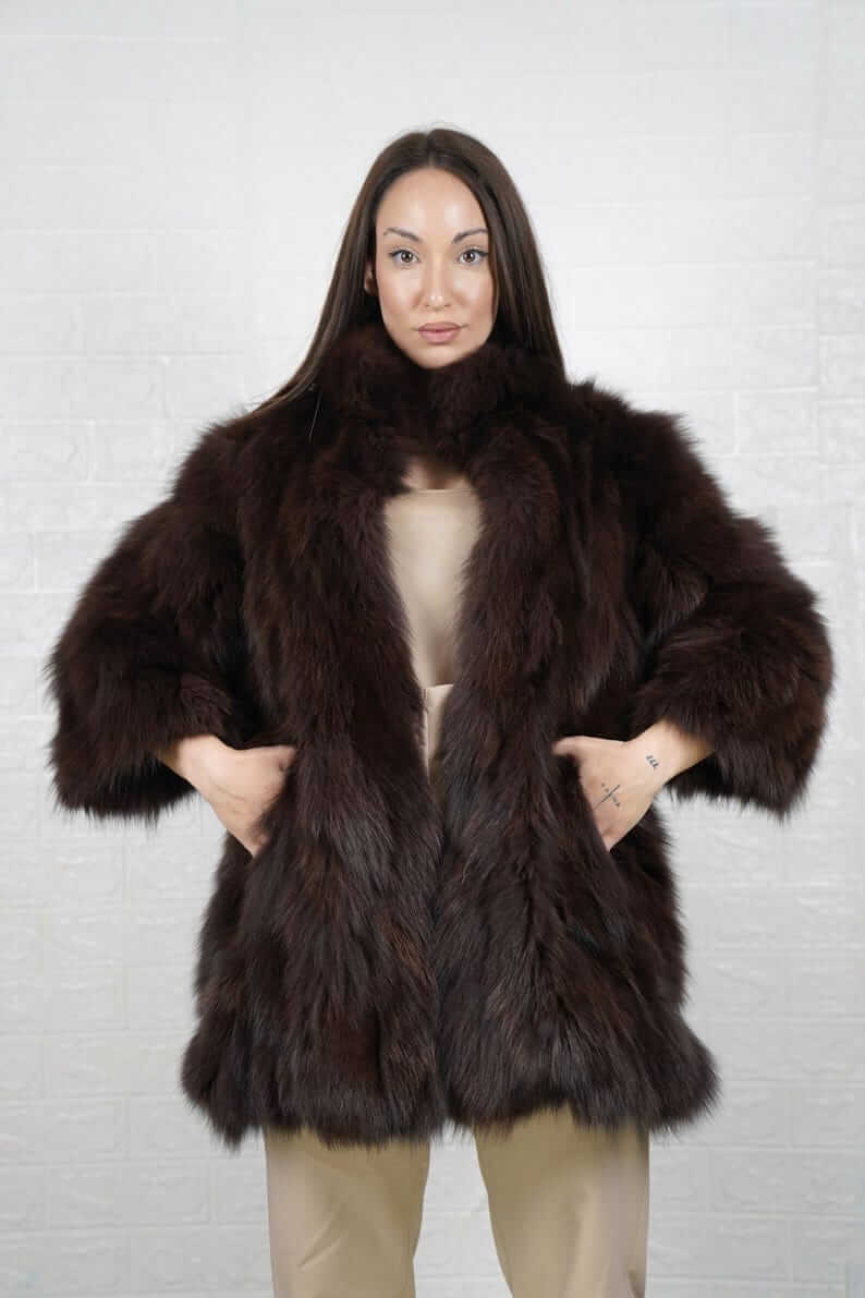 Full length view of real brown fox fur jacket with collar