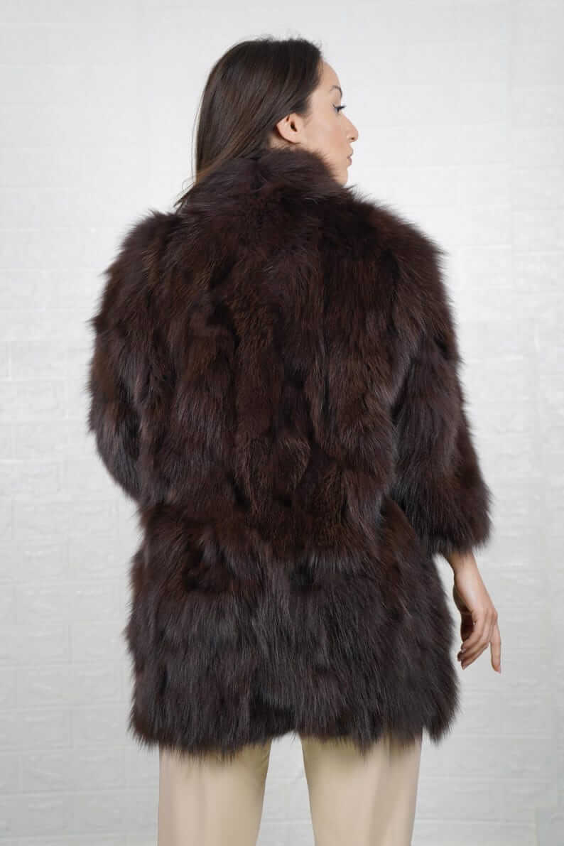Back view of handmade brown fox fur jacket, TatiFurs
