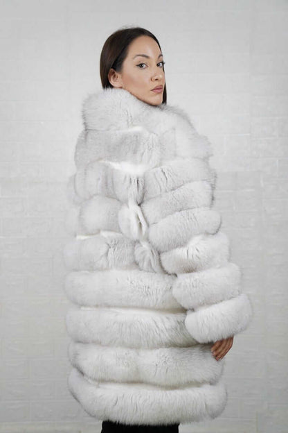 Fox Fur Jacket Natural Blue with Rabbit Lines worn by a model, showcasing luxury and style.