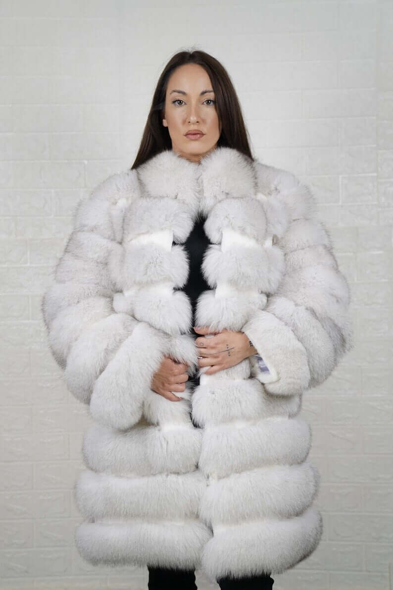 Fox Fur Jacket Natural Blue with Rabbit Lines model wearing luxurious winter coat made from genuine fur.