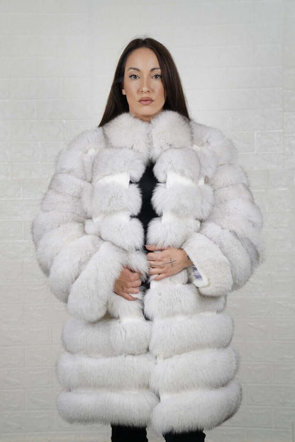 Fox Fur Jacket Natural Blue with Rabbit Lines model wearing luxurious winter coat made from genuine fur.