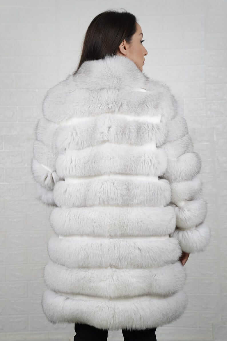 Fox Fur Jacket Natural Blue with Rabbit Lines displayed on a model from the back, highlighting its luxurious design and texture.
